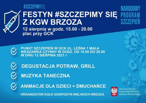 Festyn #szczepimysię z KGW Brzoza Dnia 12.08.2021 r., plac przy Gminnym Centrum Kultury w Małej Nieszawce, godz. 15:00 - 20:00, serdecznie zapraszamy do miłego spędzenia popołudnia w towarzystwie KGW Brzoza. Smaczny poczęstunek, atrakcje dla dzieci oraz degustacja specjałów i taneczna muzyka.