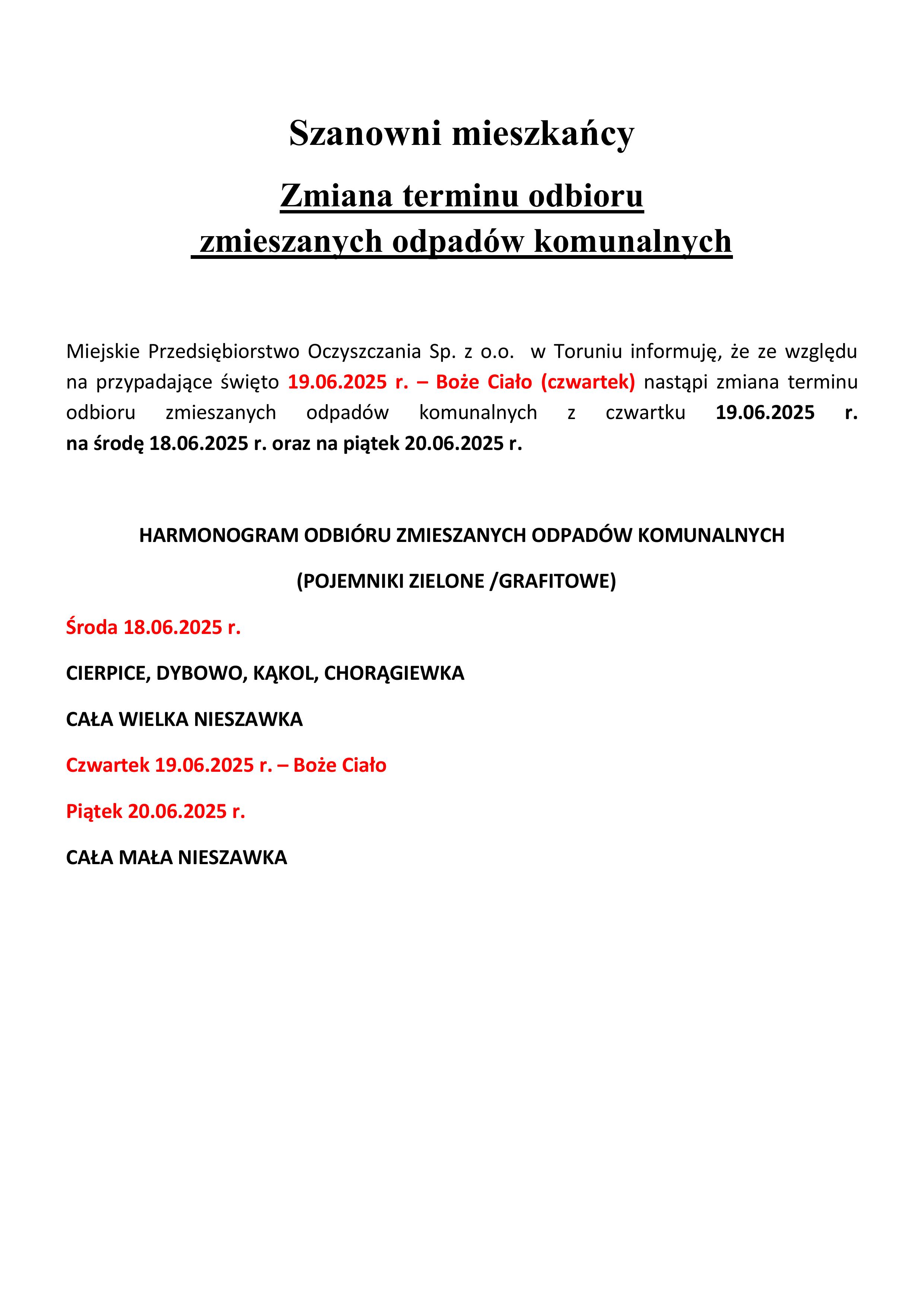 Zmiana terminu odbioru  zmieszanych odpadów komunalnych