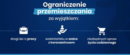 Plakat rządowy z informacją o ograniczeniach przemieszczania się za wyjątkiem drogi do i z pracy, wolontariatu w walce z koronawirusem, niezbędnych spraw bytowych