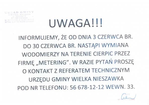 Ogłoszenie wymiana wodomierzy