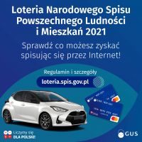 Plakat informacyjny Narodowego Spisu Powszechnego o loterii z nagrodami