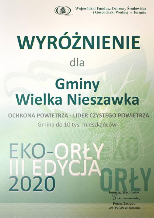 Zdjęcie wyróżnienia z tekstem: dla Gminy Wielka Nieszawka Ochrona powietrza - Lider Czystego Powietrza, gmina do 10 tys. mieszkanców