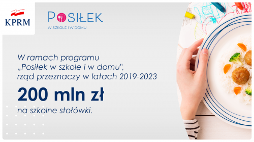 Grafika informująca o rządowym projekcie „Posiłek w szkole i w domu”