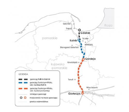 Mapka ze schematycznym zaznaczeniem przebiegu gazociągu