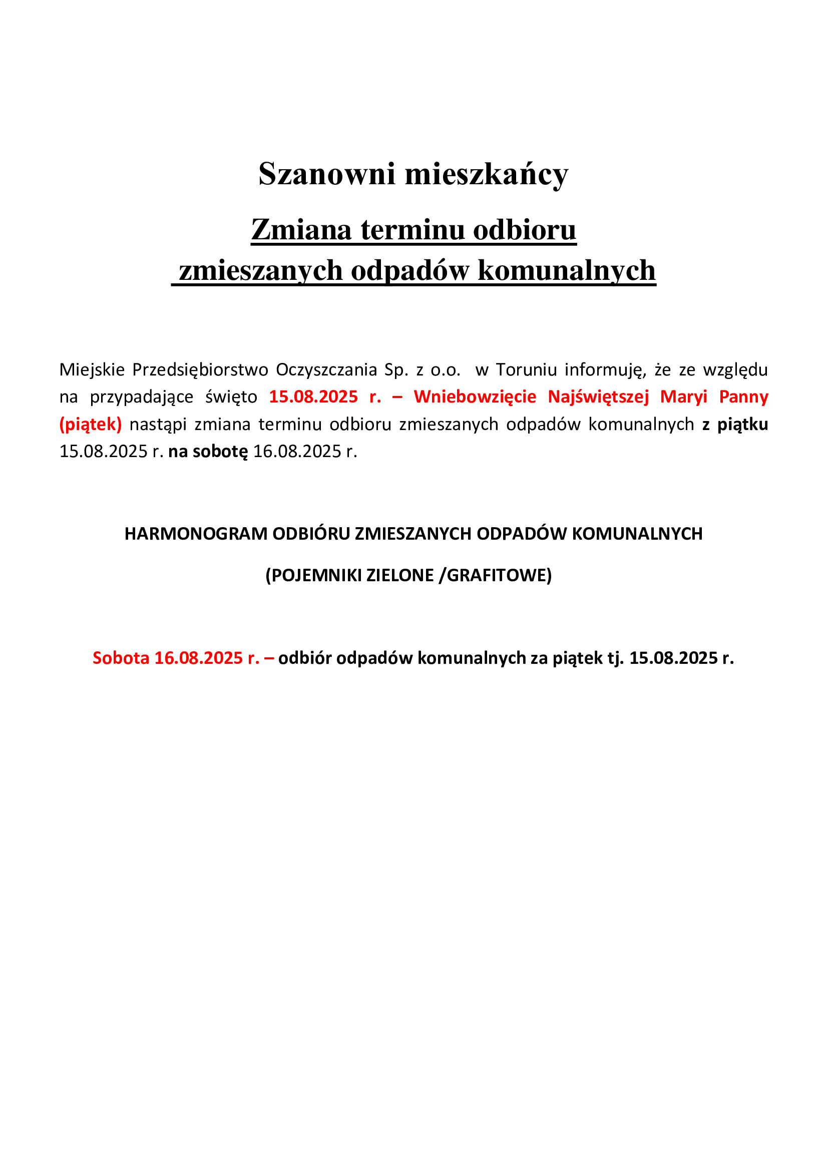 Zmiana terminu odbioru  zmieszanych odpadów komunalnych