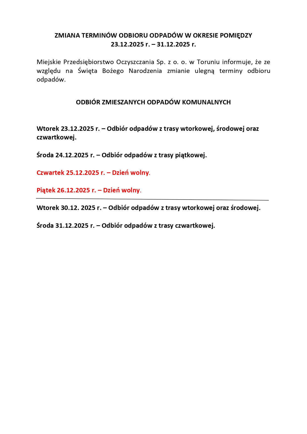 Zmiana harmonogramu wywozu odpadów