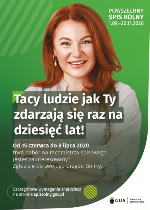 Plakat GUS Powszechny Spis Rolny 2020 informujący o naborze na rachmistrza spisowego